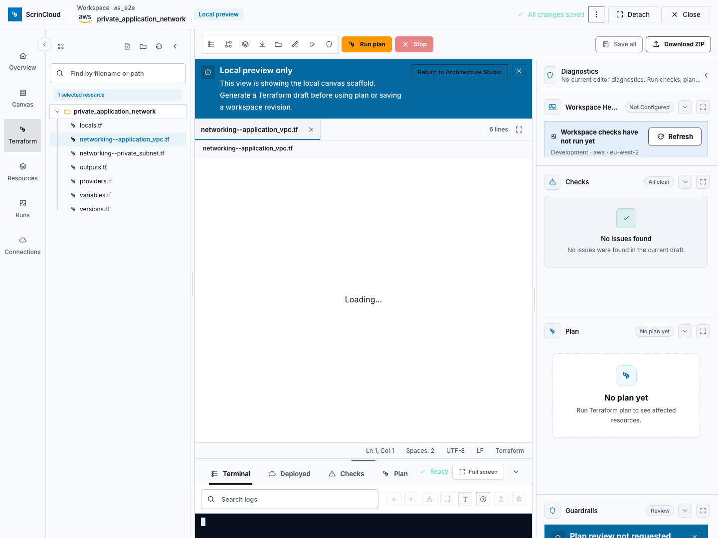 Terraform editor showing a synthetic linked documentation workspace and the available action and evidence controls.