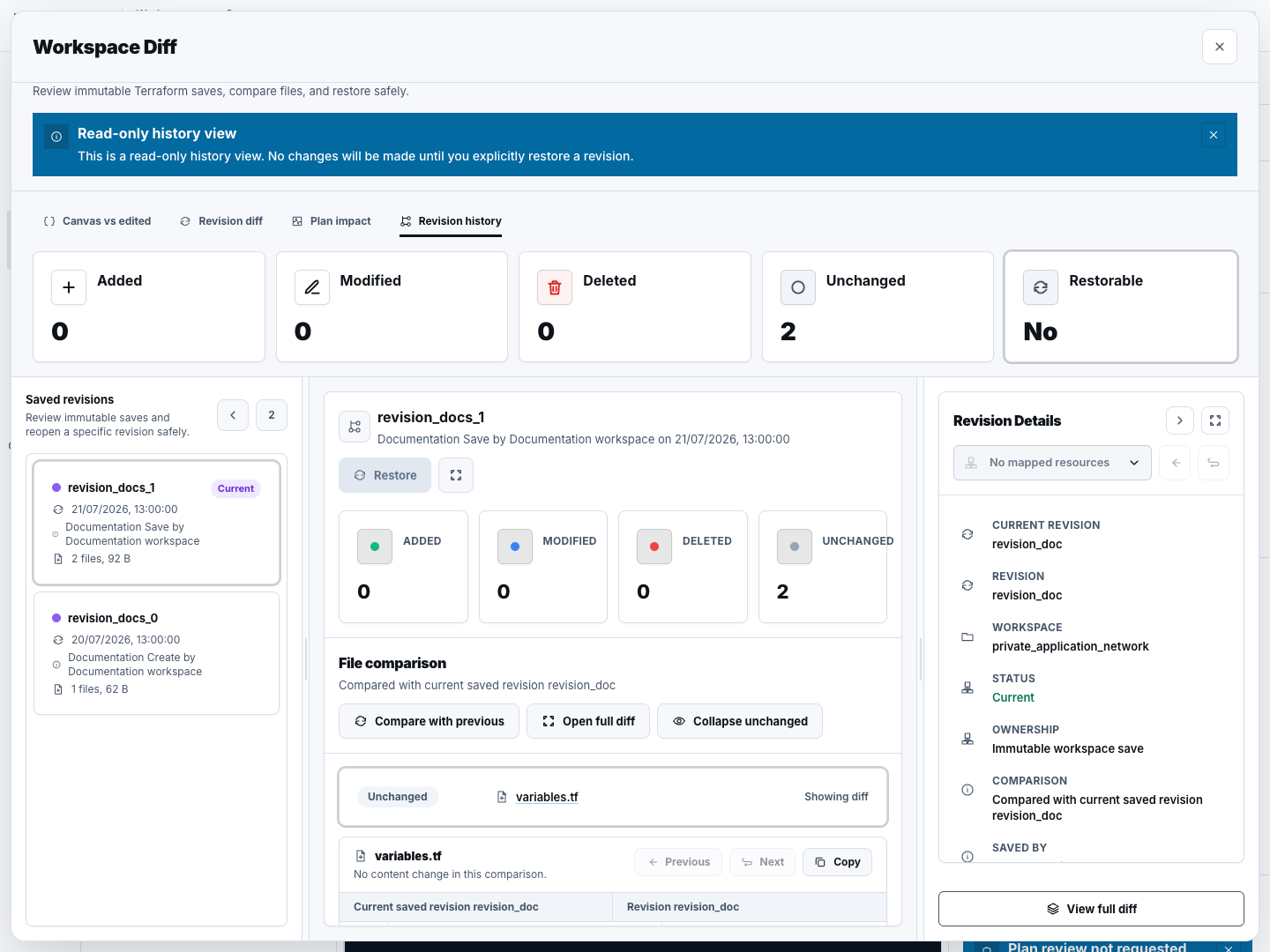 Read-only Terraform revision history showing two synthetic saved revisions and comparison details.