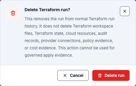 Synthetic Delete Terraform run confirmation explaining that state, resources, audit records, and evidence are retained.