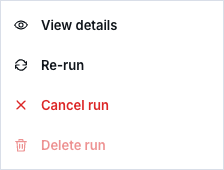 Synthetic running Terraform run action menu showing view details, re-run, and cancel choices before submission.